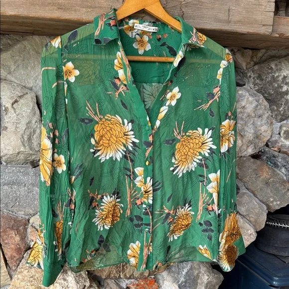 Alice + Olivia Eloise Green Floral Silk Burnout Roll Cuff Blouse Women’s Small - Picture 4 of 14